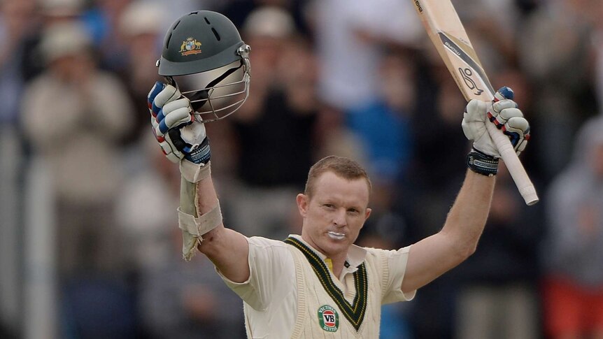 Chris Rogers celebrates reaching his maiden Test century on day two of the fourth Ashes Test at Chester-le-Street in Durham.