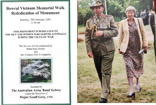 Peter Cosgrove, in military attire, and Effie Kerr, wearing a dress and jacket, walk through a park.