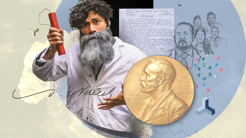 Illustration of actor dressed as Alfred Nobel holding a stick of dynamite, a Nobel Peace Prize medallion & Nobel's willl.