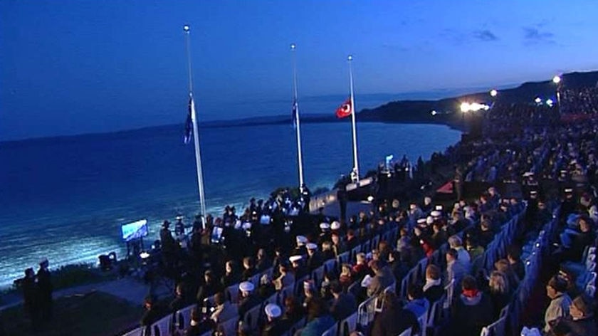 Crowds overlook Anzac Cove at Gallipoli.