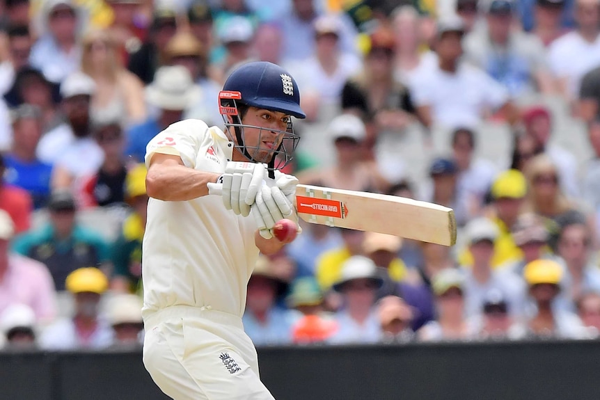 England's Alastair Cook plays a pull shot against Australia