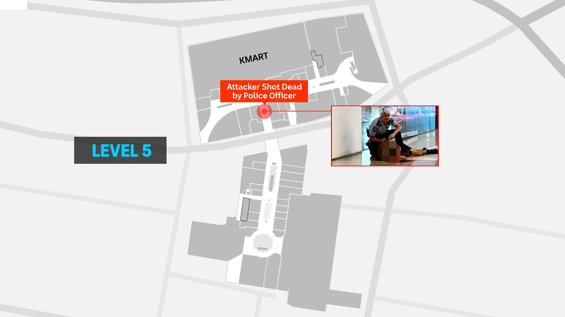 Map inside Westfield Bondi Junction showing where armed man was killed, inset images shows policewoman over body