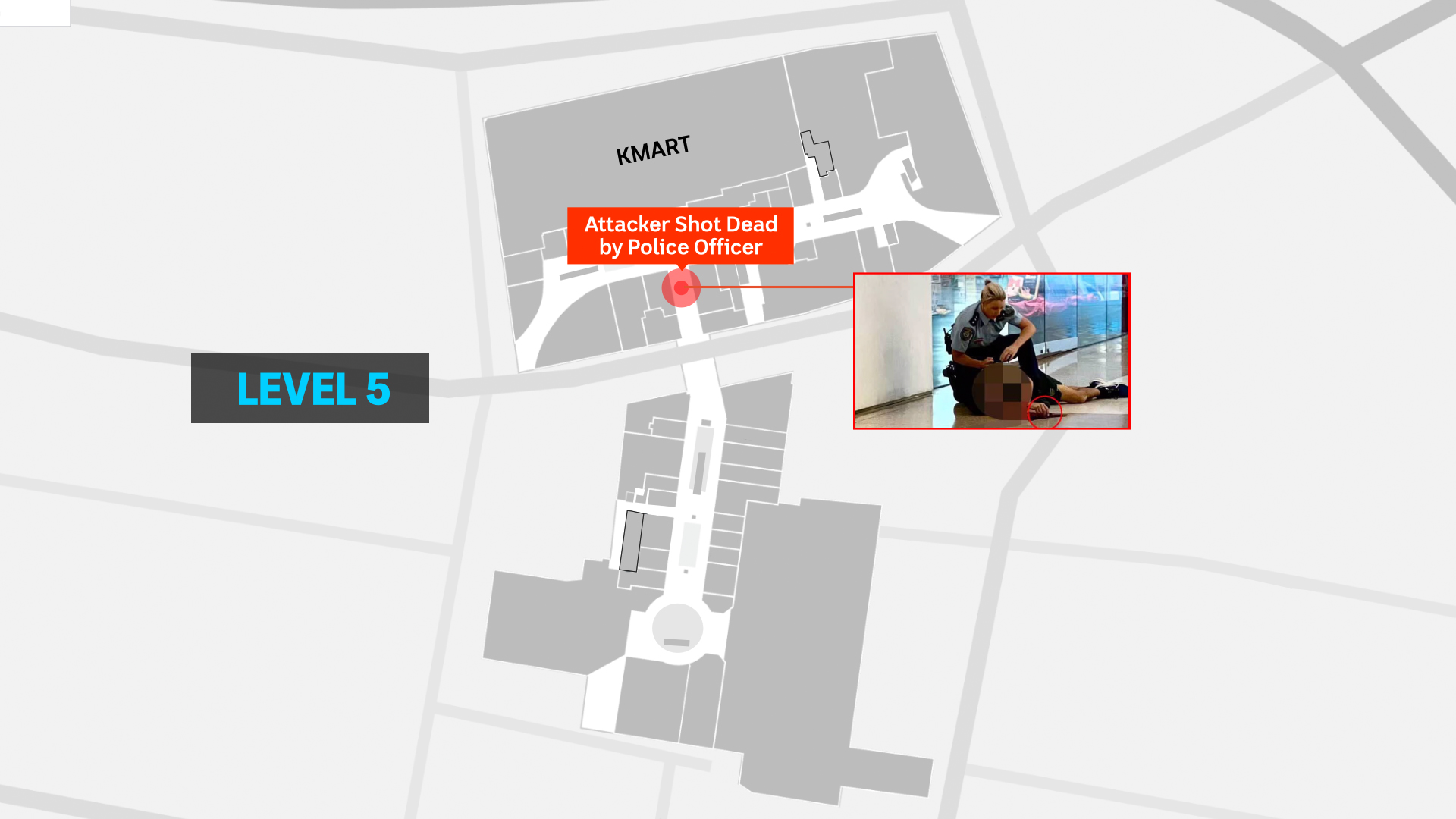 Mapa dentro de Westfield Bondi Junction que muestra dónde fue asesinado un hombre armado, las imágenes insertadas muestran a una mujer policía sobre el cuerpo