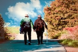 An old couple going for a walk with a walking stick.