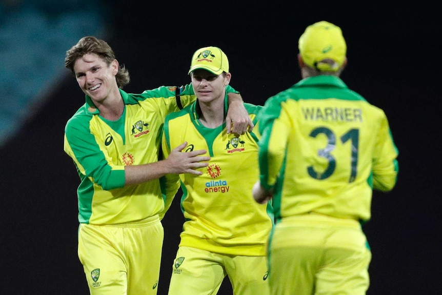 A smiling bowler puts his arm around a teammate after taking a wicket in an ODI.