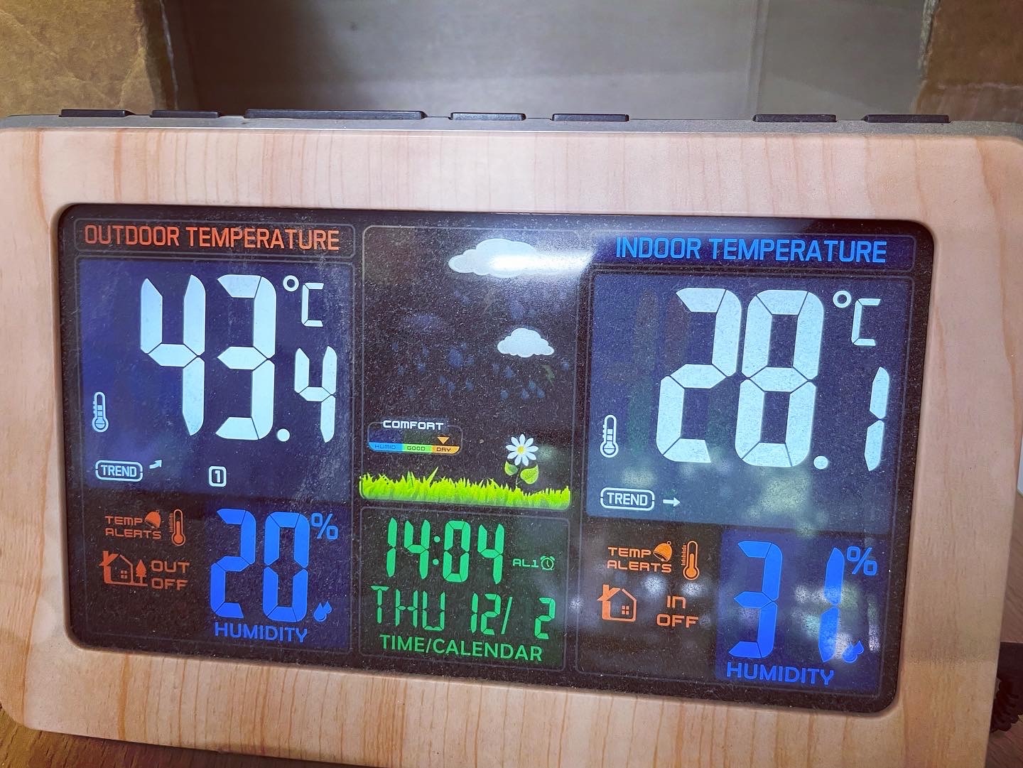 A digital weather station screen shows various readings including the temperature which is 43.4 degrees Celcius. 