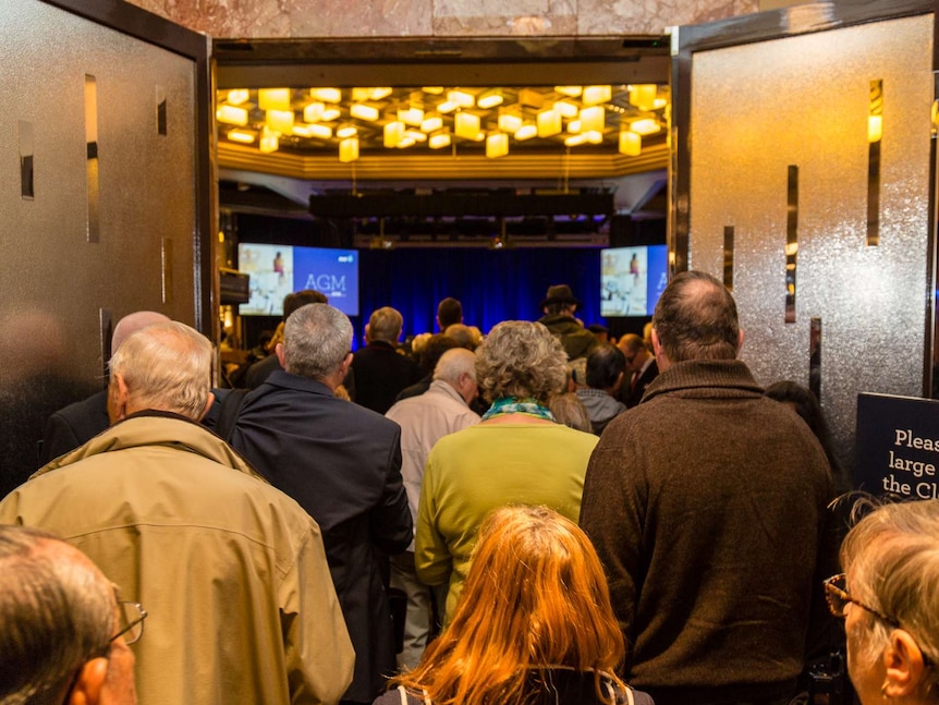 Shareholders overflowing out of AMP AGM in Melbourne, May 10 2018