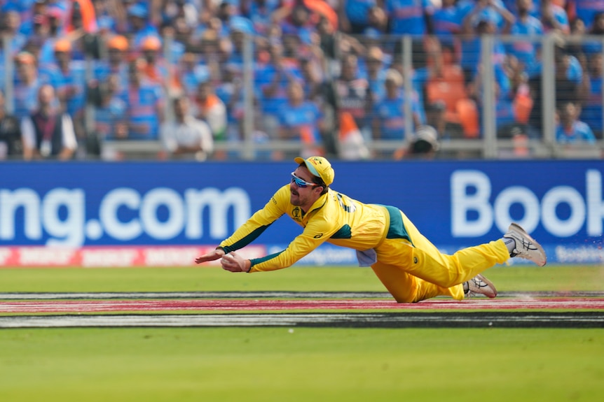 An Australian cricketer dives full-length with his knees hitting the ground and the ball in his hand for a catch.