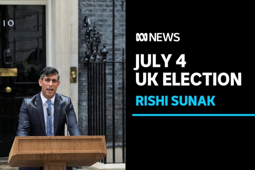 July 4 UK Election, Rishi Sunak: A man in a wet suit speaks at a podium with a microphone.