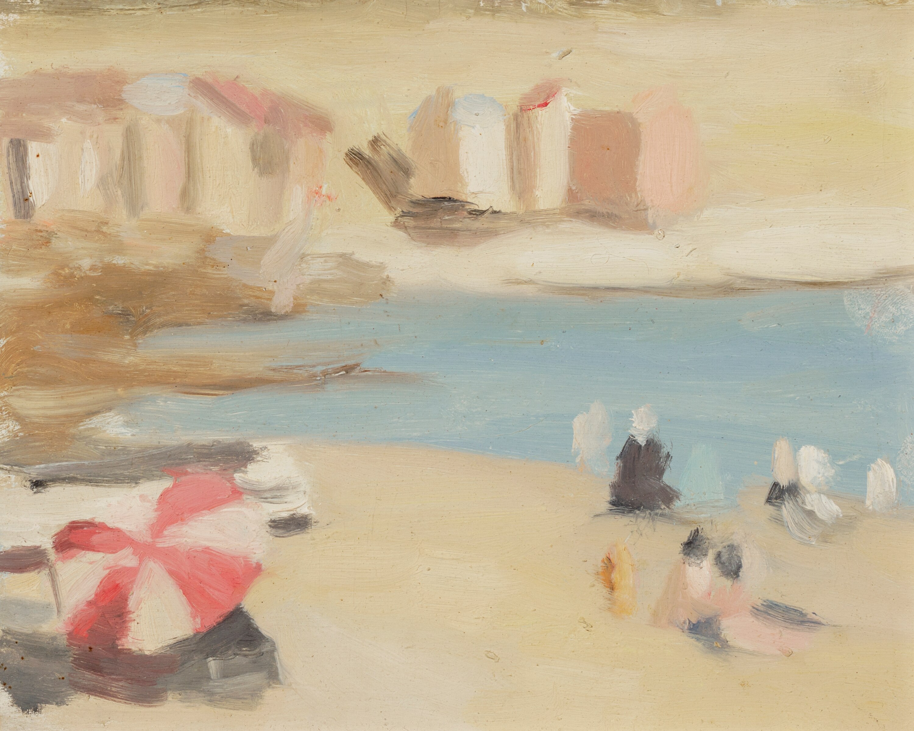 A painting by Clarice Beckett, blurry realism, of people and bathing boxes on Brighton Beach
