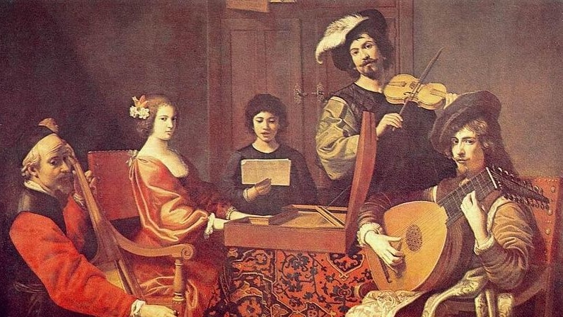 A group of baroque period musicians and a singer, gathered around a table-top keyboard instrument.