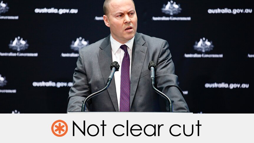 Josh Frydenberg is talking at a lectern. The verdict displayed underneath is "not clear cut" with an orange asterisk