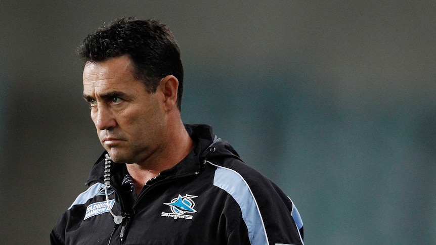 Cronulla coach Shane Flanagan looks on from the sidelines as the Sharks play the Roosters in June 2010.