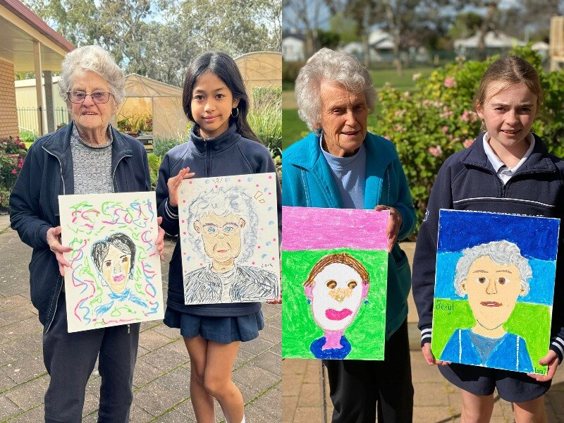 A composite image of two girls with two elderly women holding portraits of each other