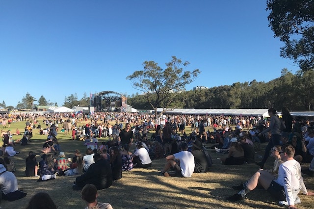 Music fans enjoying the sunshine at annual Yours and Owls festival in Wollongong.