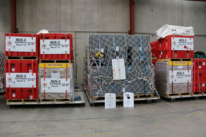 Pallets of emergency equipment.