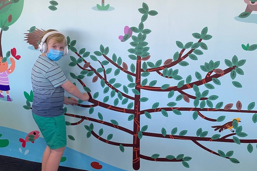 A young boy sticks a coloured piece of paper to a drawing of a tree.