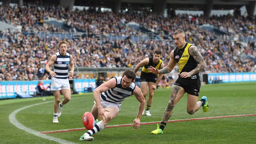 Geelong's Patrick Dangerfield (L) and Richmond's Dustin Martin contest the ball at Kardinia Park.