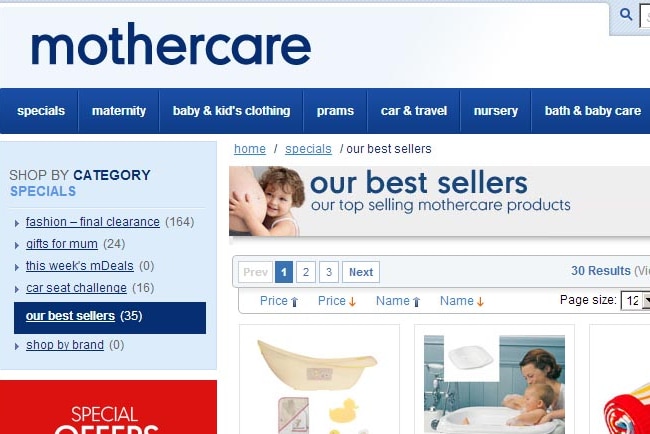 The bestsellers page of the Mothercare website.