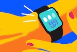 Illustration of smartwatch showing a woman how many eggs she has left to depict a story about women experiencing baby panic.