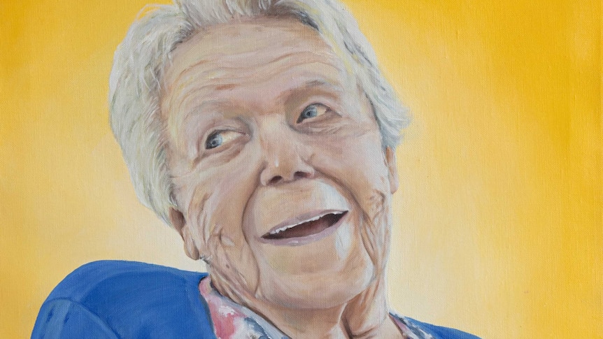A painting of a smiling older woman on a bright yellow background.