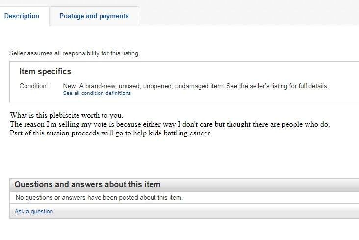 A screenshot of the description for an eBay listing of a vote in the marriage survey.