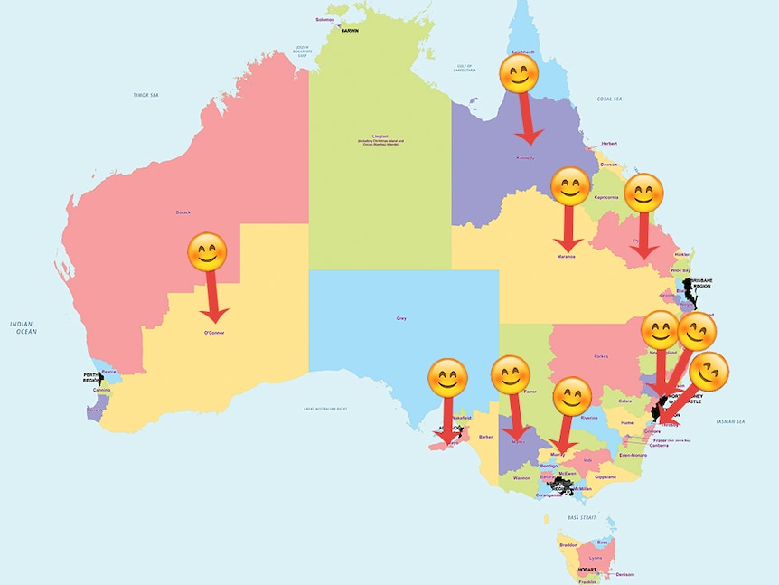 Map of Australia's happiest electorates.