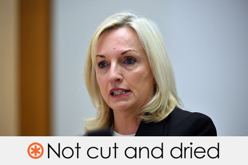 Christine Holgate at Senate Estimates. Her claim is not cut and dried with an orange asterisk