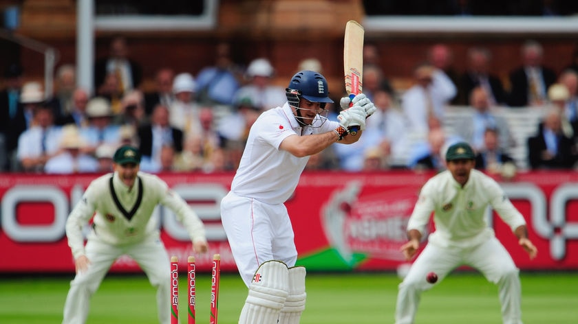 Rattled... Andrew Strauss (161) was bowled by Ben Hilfenhaus (4-103) on the second ball of the day.