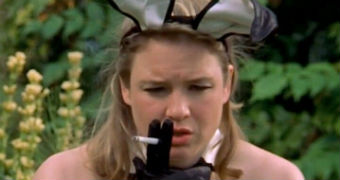 A screenshot shows Renee Zellweger as Bridget Jones, wearing a black bunny outfit while smoking and looking dejected.