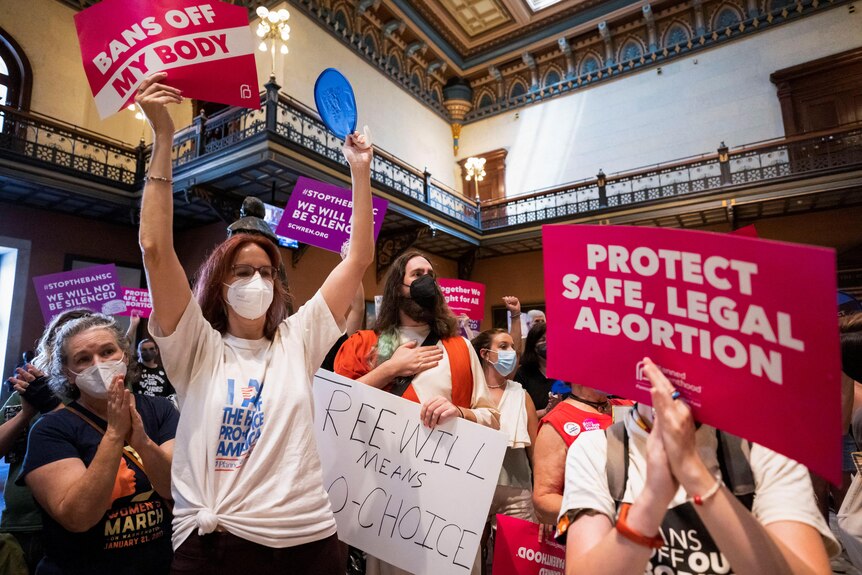 A group of people hold up pink signs with one reading 'protect safe, legal abortion' 