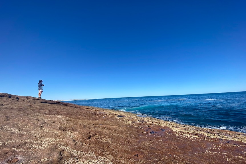 Boy standing in distance on sloping ground going into blue ocean