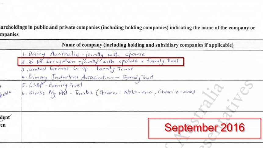 Screenshot of Nola Marino's register of interests showing she declared she had shares in South West Irrigation in 2016.