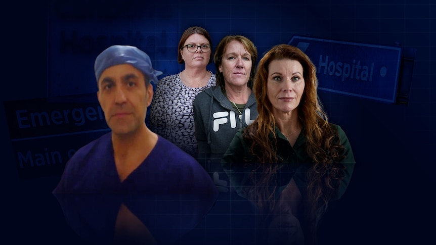 A man is shown wearing surgical scrubs, with the images of three women behind him.