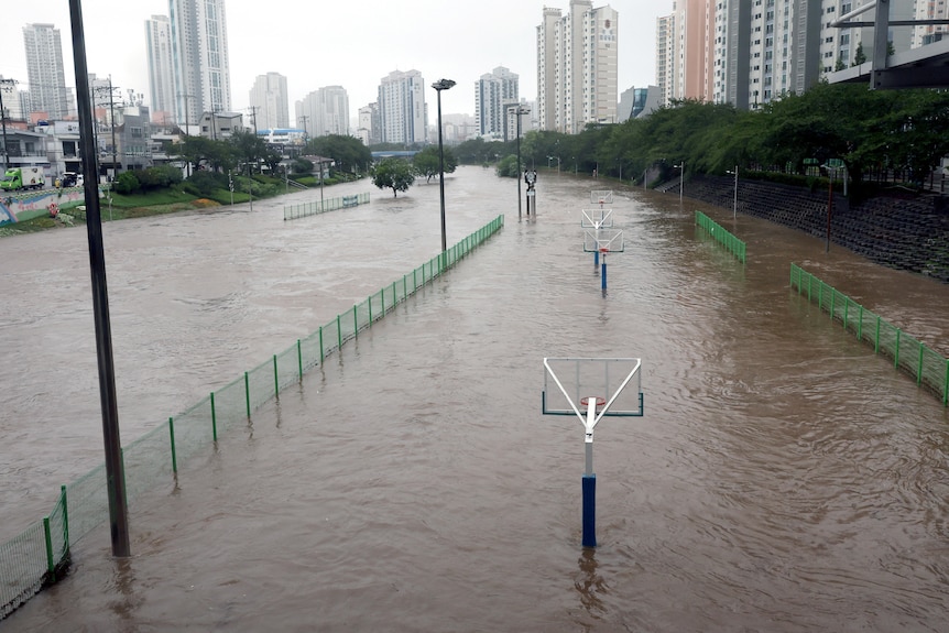 A park is submerged due to typhoon Khanun in Busan, South Korea.