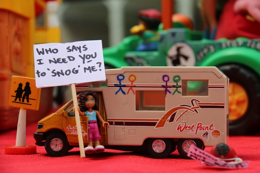 Action figures were used to protest Wicked Campers at the Wicked Pickets event in Brisbane