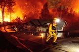 A firefighter walks up a hill in front of a house threatened by high flames which burn through trees