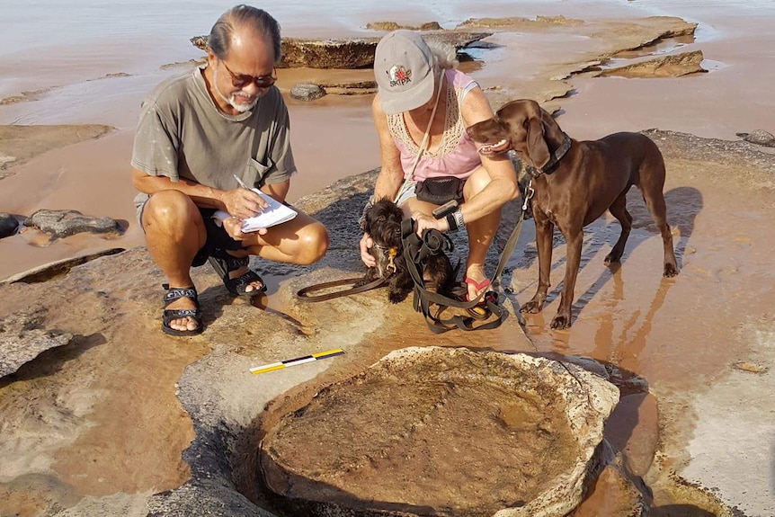 Two Broome residents count dinosaur footprints at a Broome beach.