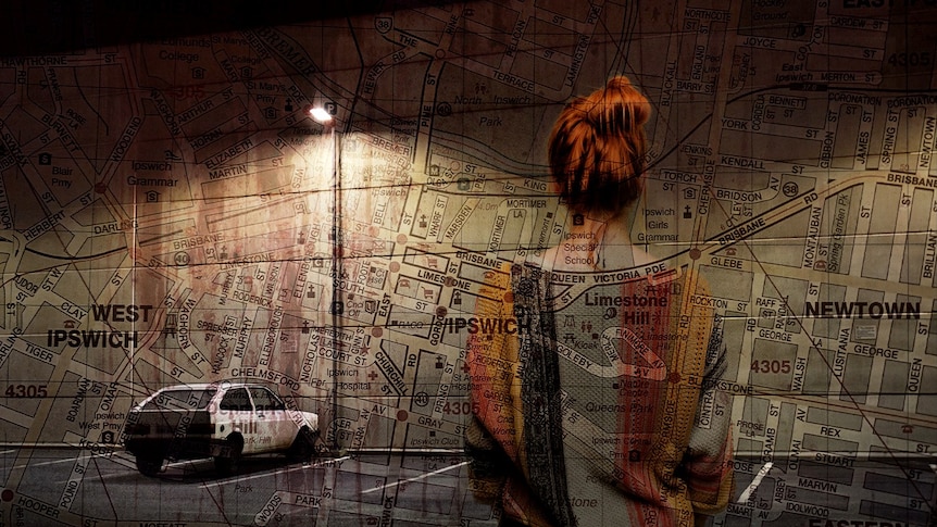 A woman in a dark car park with a white car and a map of Ipswich.