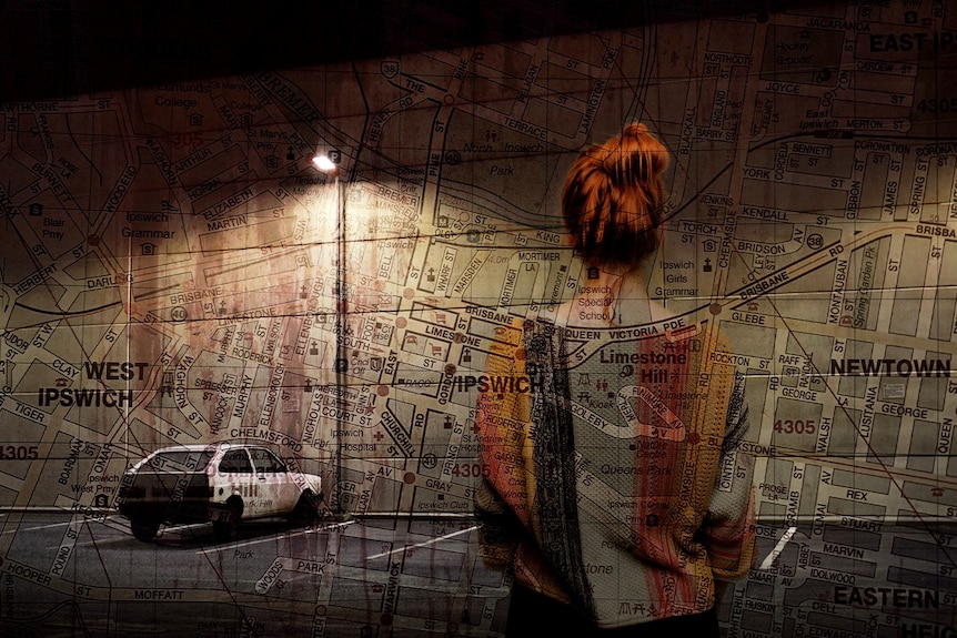 A woman in a dark car park with a white car and a map of Ipswich.