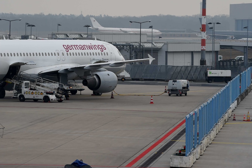 A Germanwings plane sits on the tarmac at Cologne Bonn airport