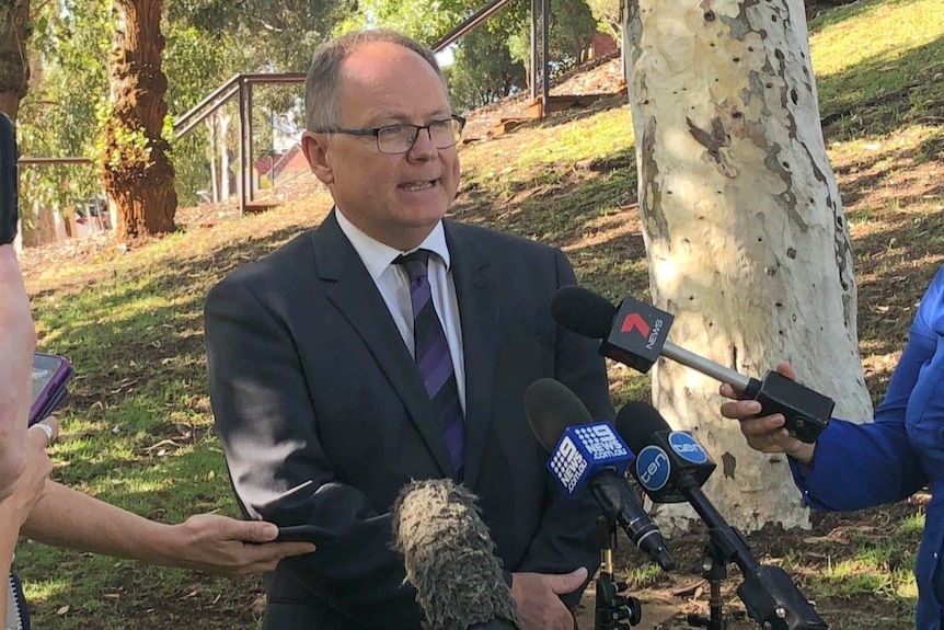 David Templeman speaks into microphones at a press conference surrounded by trees.
