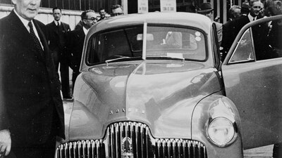 File photo: PM Ben Chifley at the launch of the first Holden car (NAA: A1200, L84254)