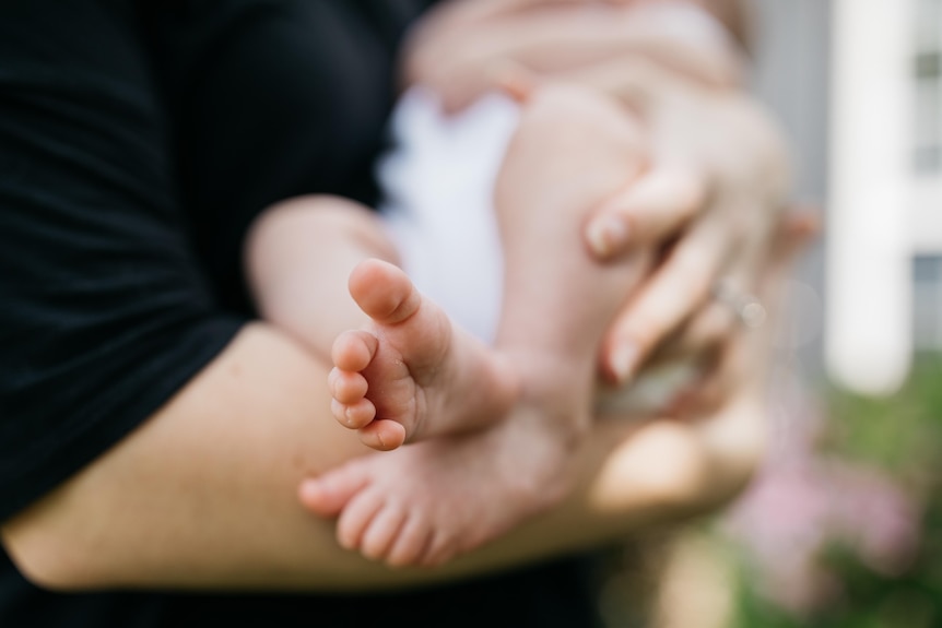 A close up image of a baby in someone's arms. 