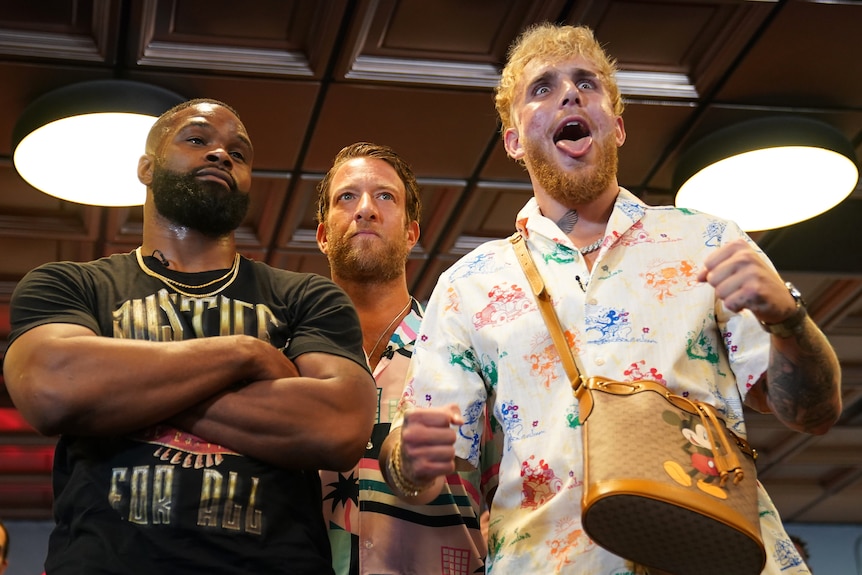 Jake Paul and Tyron Woodley at promotion for fight