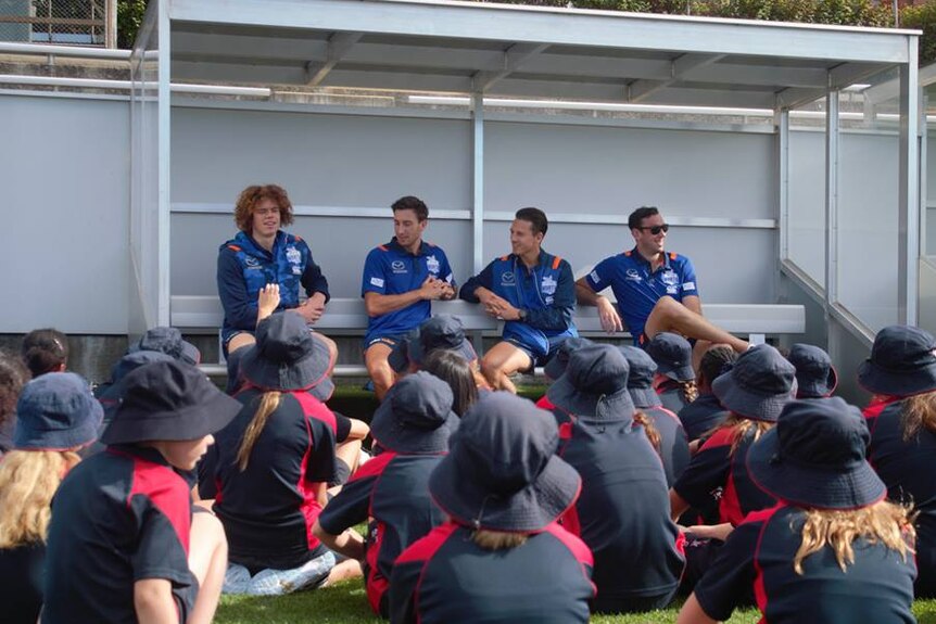 North Melbourne AFL players speak to Tasmanian schoolkids, February 2018.