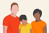 An illustration of a young boy holding his head low next to his parents for a story about biracial kids.