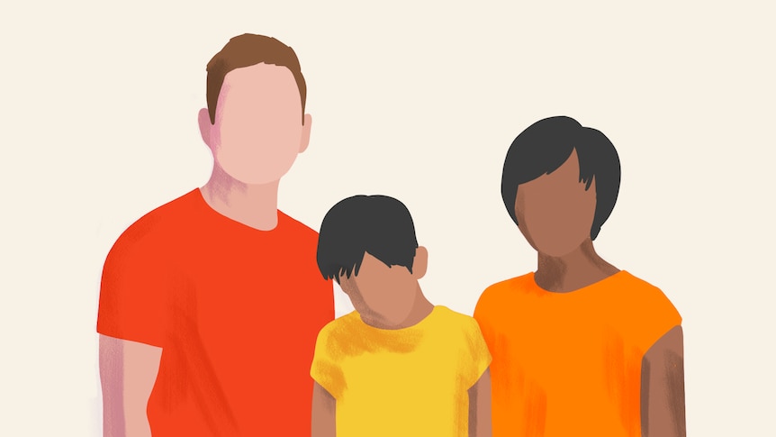 An illustration of a young boy holding his head low next to his parents for a story about biracial kids.