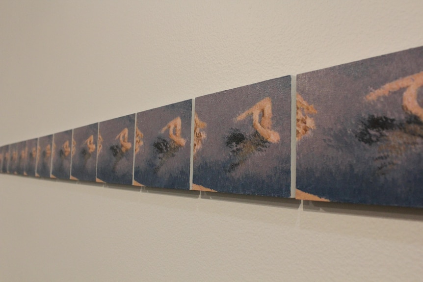A sequence of oil paintings in pastel tones depicting film reel.