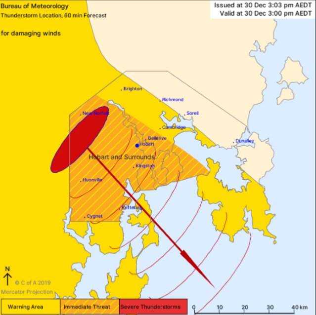 Map of thunderstorm approaching the Hobart area as of 3PM on Tuesday 30th December